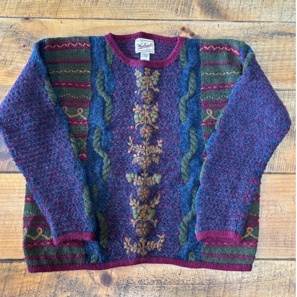 Woolrich Womens Vintage Fall Harvest Long Sleeve 100% Wool Pullover Sweater L